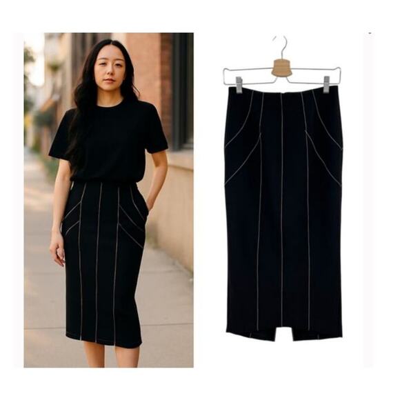 Cinq à Sept Embroidered Pull On High Waisted Midi Pencil Skirt Black US 4 - Picture 1 of 8